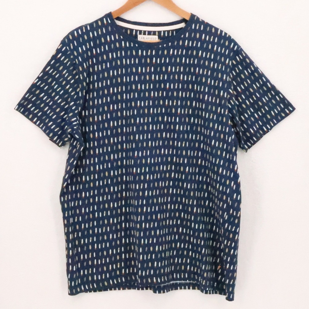 Far Afield Surfboard T Shirt Mens Size L Blue Organic Cotton Navy Short Sleeve
